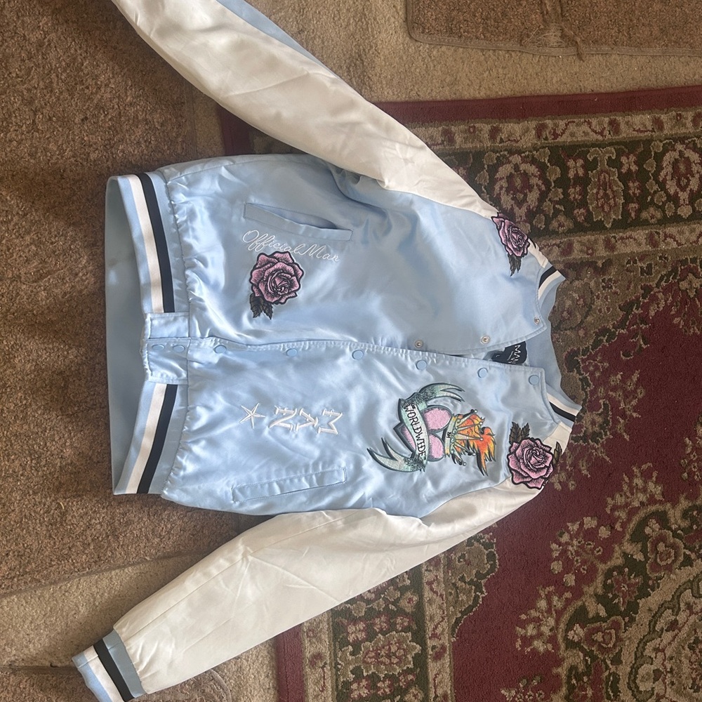 Boohoo Mens Light Blue and White Satin Floral Patch Bomber Jacket